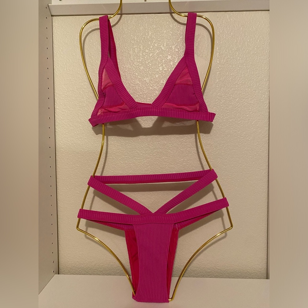 Magenta pink bikini with mesh stripes